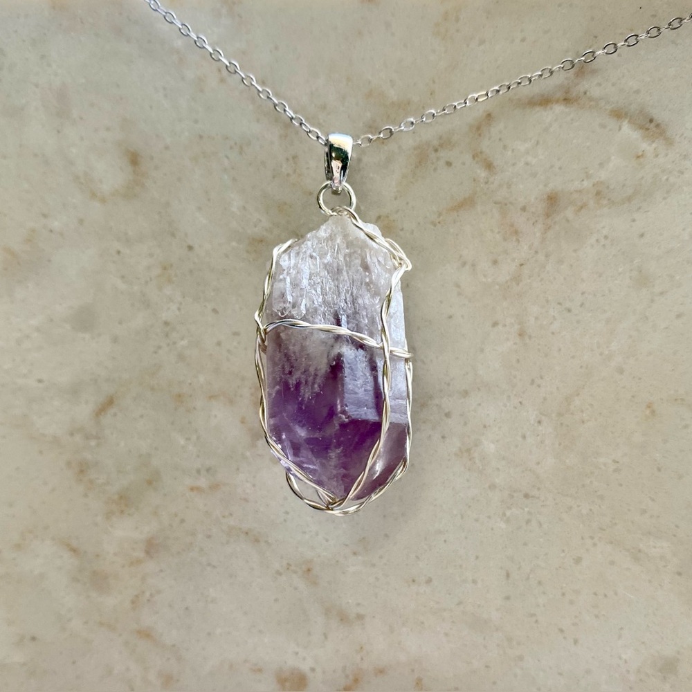 Silver Wire Wrapped Natural Brazilian Amethyst Crystal necklace P33